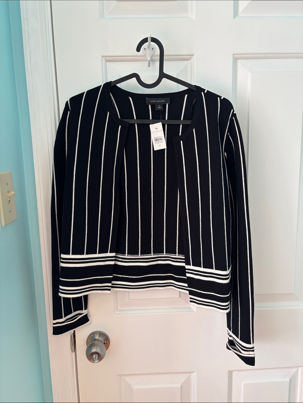 Ann Taylor Black and White Vertical Stripe Open Front Cardigan